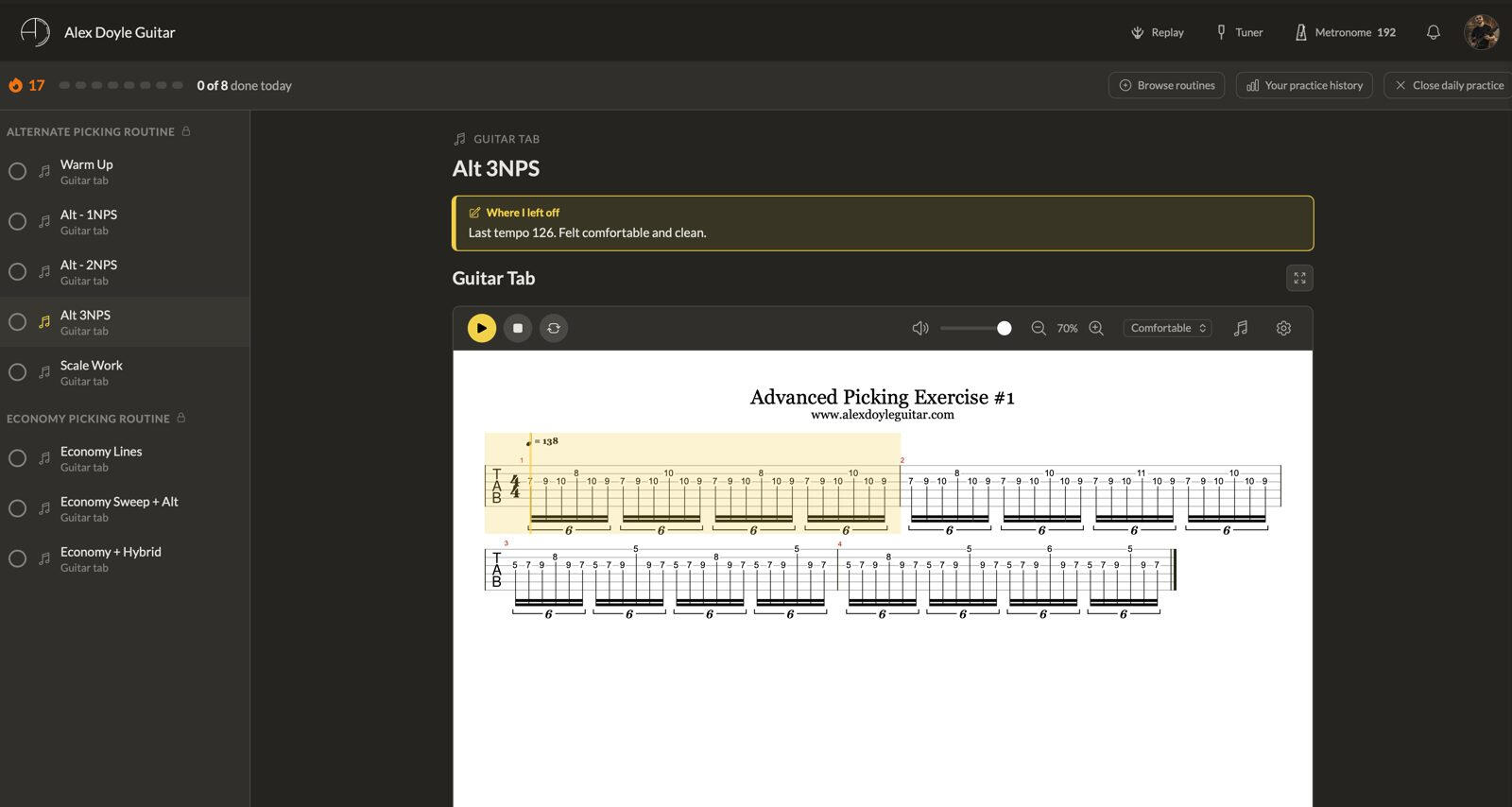 Daily routine in the ADG portal with a "Where I left off" note above the guitar tab